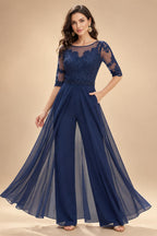 Scoop Neck Chiffon Floor-Length Mother of the Bride & Groom Jumpsuit with Lace Appliques (SHI22501558)