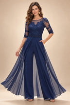 Scoop Neck Chiffon Floor-Length Mother of the Bride & Groom Jumpsuit with Lace Appliques (SHI22501558)