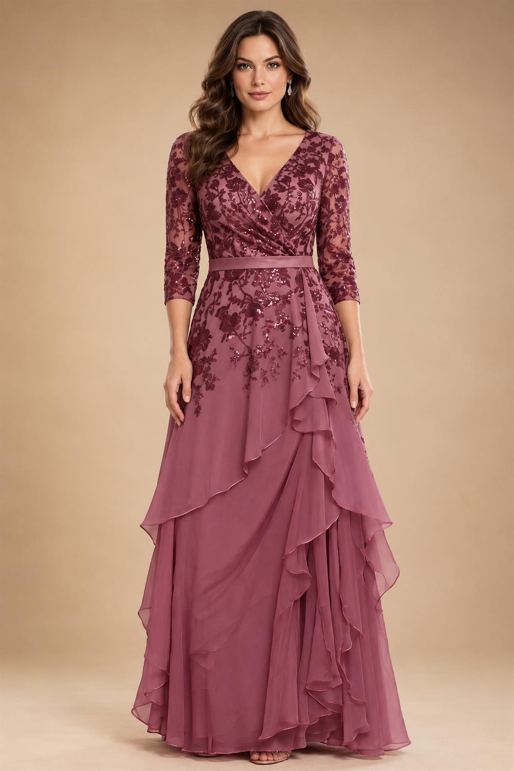 A-Line/Princess V-Neck Chiffon Floor-Length Mother of the Bride & Groom Dresses with Lace Appliques & Ruffles (SHI22501563)