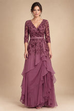A-Line/Princess V-Neck Chiffon Floor-Length Mother of the Bride & Groom Dresses with Lace Appliques & Ruffles (SHI22501563)