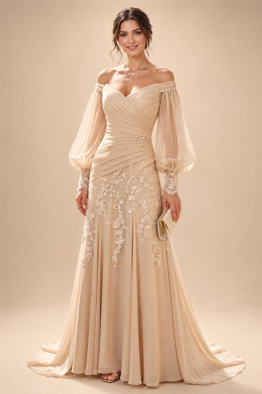 A-Line/Princess Off Shoulder Chiffon Floor-Length Mother of the Bride & Groom Dresses with Lace Appliques & Pleats (SHI22501566)