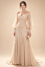A-Line/Princess V-Neck Chiffon Maxi Mother of the Bride & Groom Dresses with Lace Appliques & Sweep Train (SHI22501644)