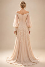 A-Line/Princess V-Neck Chiffon Maxi Mother of the Bride & Groom Dresses with Lace Appliques & Sweep Train (SHI22501644)