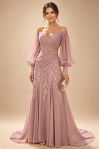 A-Line/Princess Off Shoulder Chiffon Floor-Length Mother of the Bride & Groom Dresses with Lace Appliques & Pleats (SHI22501566)