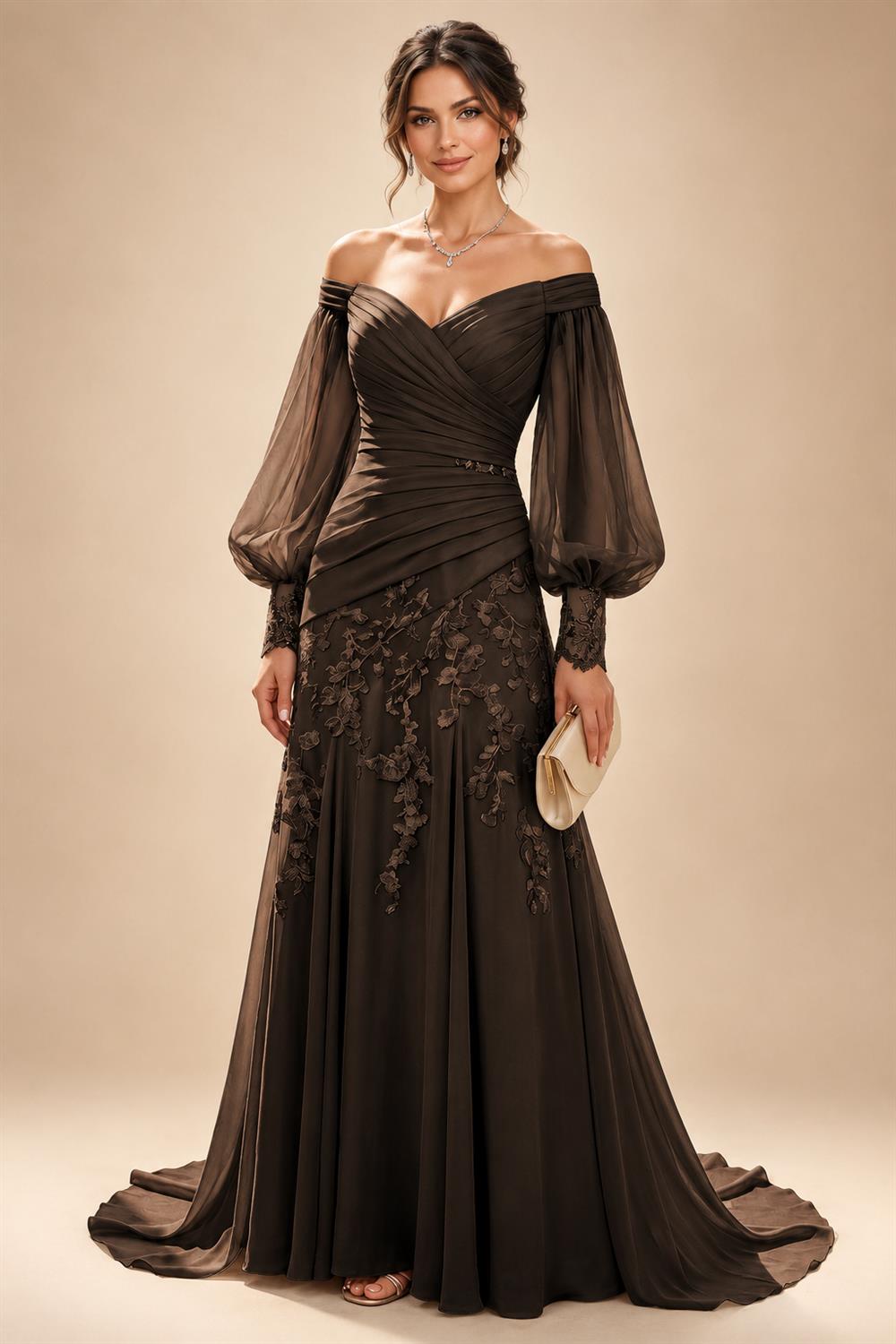 A-Line/Princess Off Shoulder Chiffon Floor-Length Mother of the Bride & Groom Dresses with Lace Appliques & Pleats (SHI22501566)
