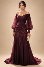 A-Line/Princess Off Shoulder Chiffon Floor-Length Mother of the Bride & Groom Dresses with Lace Appliques & Pleats (SHI22501566)