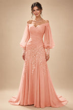 A-Line/Princess Off Shoulder Chiffon Floor-Length Mother of the Bride & Groom Dresses with Lace Appliques & Pleats (SHI22501566)
