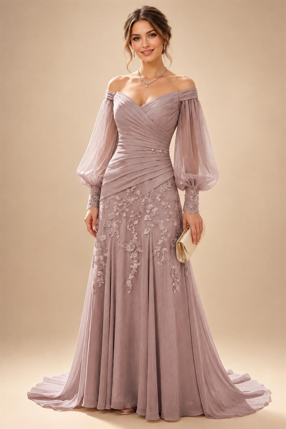 A-Line/Princess Off Shoulder Chiffon Floor-Length Mother of the Bride & Groom Dresses with Lace Appliques & Pleats (SHI22501566)