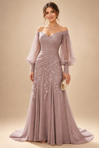 A-Line/Princess Off Shoulder Chiffon Floor-Length Mother of the Bride & Groom Dresses with Lace Appliques & Pleats (SHI22501566)