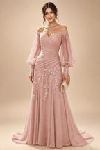 A-Line/Princess Off Shoulder Chiffon Floor-Length Mother of the Bride & Groom Dresses with Lace Appliques & Pleats (SHI22501566)