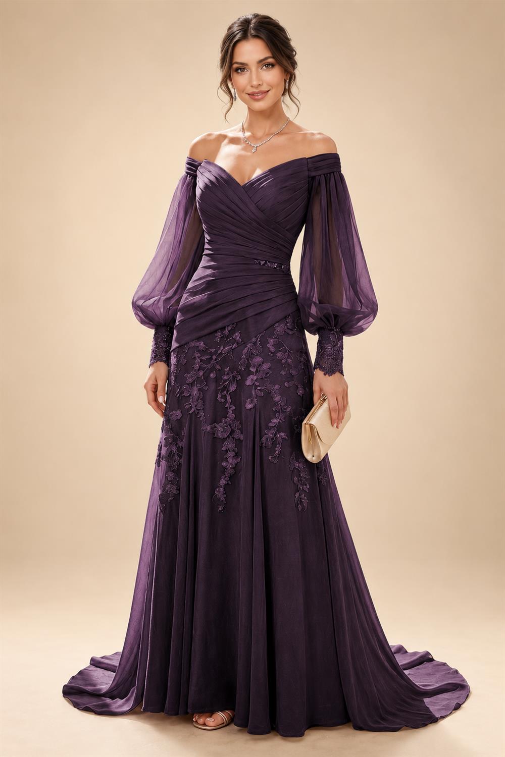 A-Line/Princess Off Shoulder Chiffon Floor-Length Mother of the Bride & Groom Dresses with Lace Appliques & Pleats (SHI22501566)