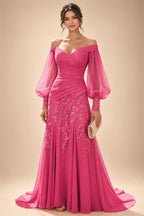 A-Line/Princess Off Shoulder Chiffon Floor-Length Mother of the Bride & Groom Dresses with Lace Appliques & Pleats (SHI22501566)