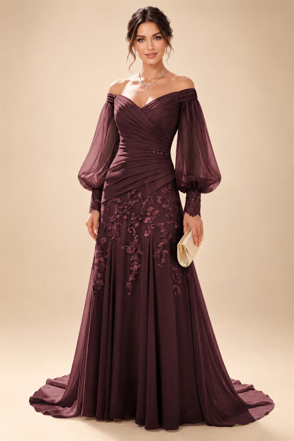 A-Line/Princess Off Shoulder Chiffon Floor-Length Mother of the Bride & Groom Dresses with Lace Appliques & Pleats (SHI22501566)
