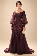 A-Line/Princess Off Shoulder Chiffon Floor-Length Mother of the Bride & Groom Dresses with Lace Appliques & Pleats (SHI22501566)
