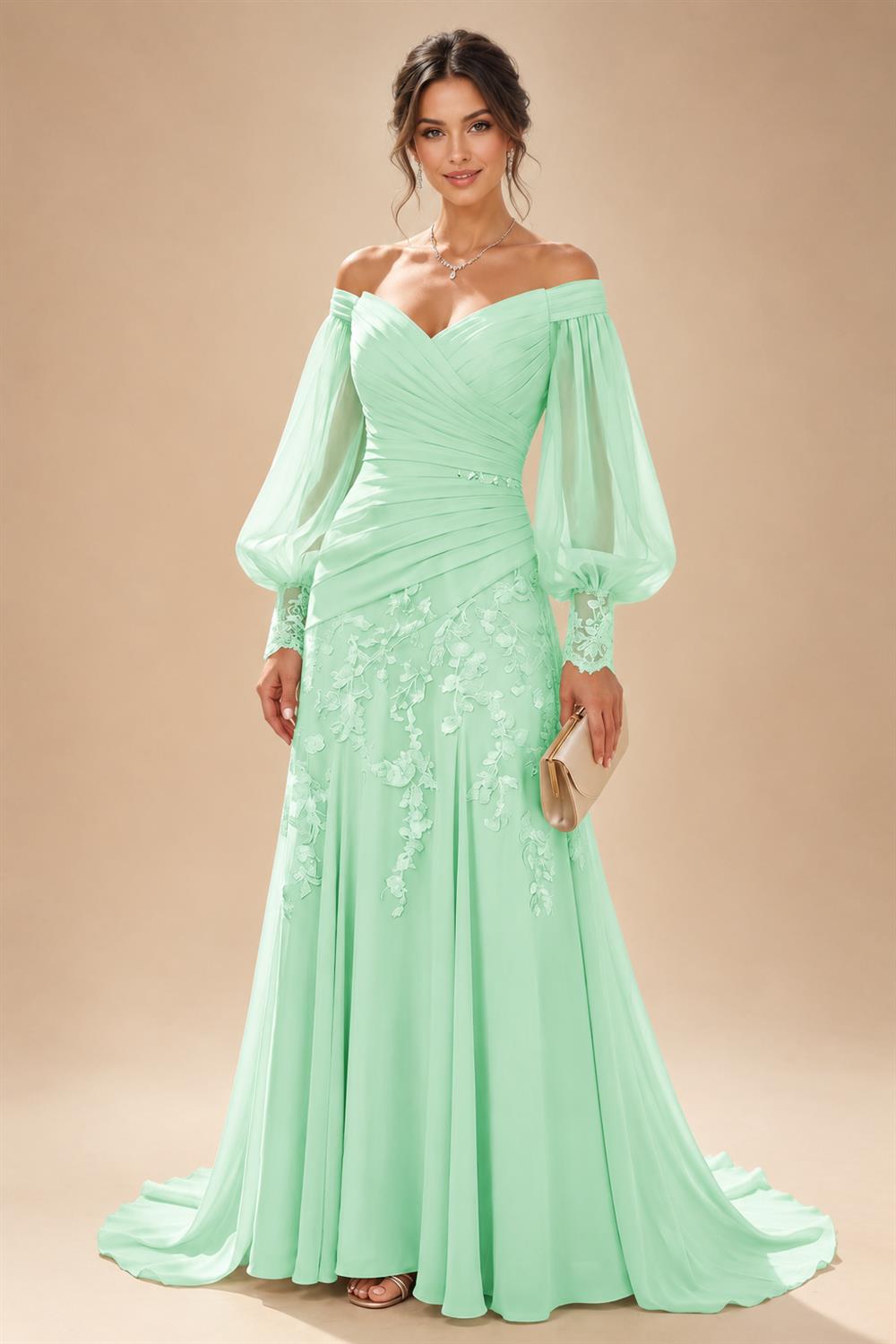 A-Line/Princess Off Shoulder Chiffon Floor-Length Mother of the Bride & Groom Dresses with Lace Appliques & Pleats (SHI22501566)