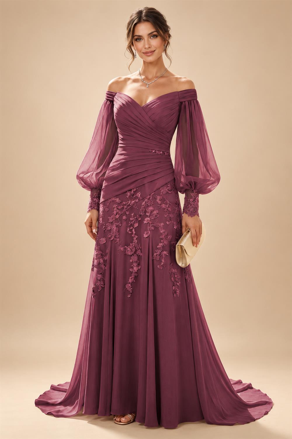 A-Line/Princess Off Shoulder Chiffon Floor-Length Mother of the Bride & Groom Dresses with Lace Appliques & Pleats (SHI22501566)