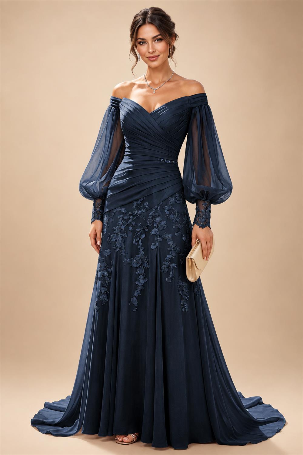 A-Line/Princess Off Shoulder Chiffon Floor-Length Mother of the Bride & Groom Dresses with Lace Appliques & Pleats (SHI22501566)