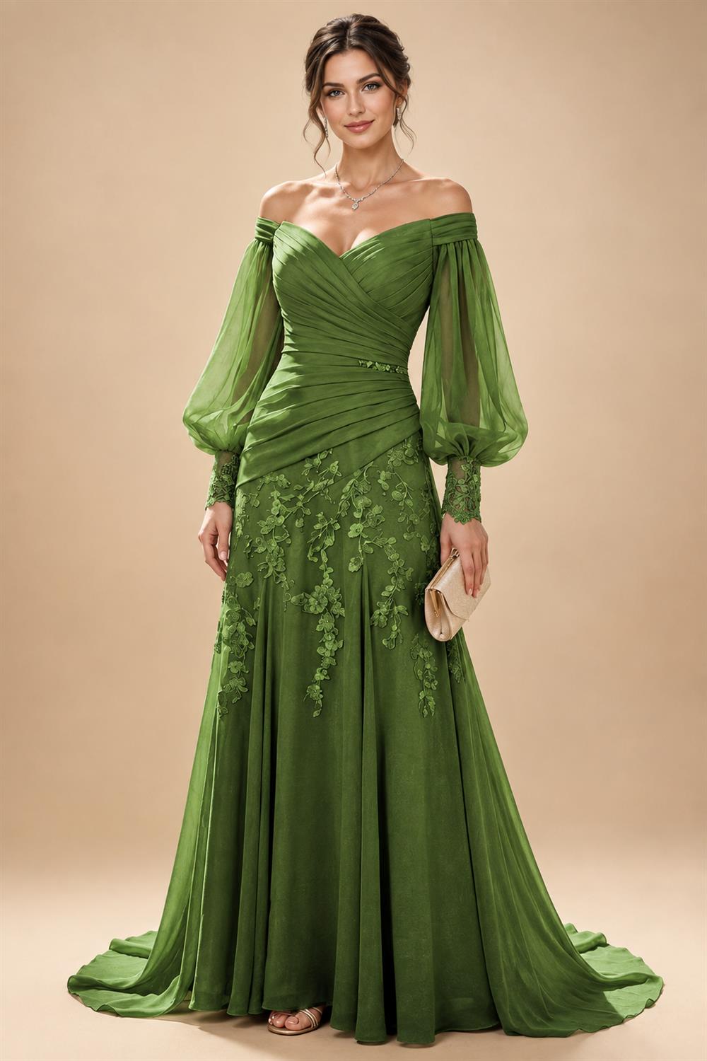 A-Line/Princess Off Shoulder Chiffon Floor-Length Mother of the Bride & Groom Dresses with Lace Appliques & Pleats (SHI22501566)