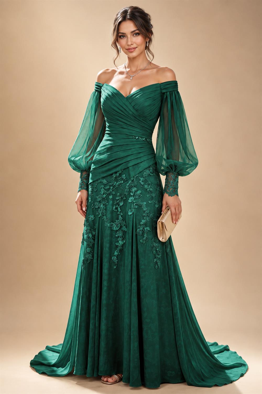 A-Line/Princess Off Shoulder Chiffon Floor-Length Mother of the Bride & Groom Dresses with Lace Appliques & Pleats (SHI22501566)