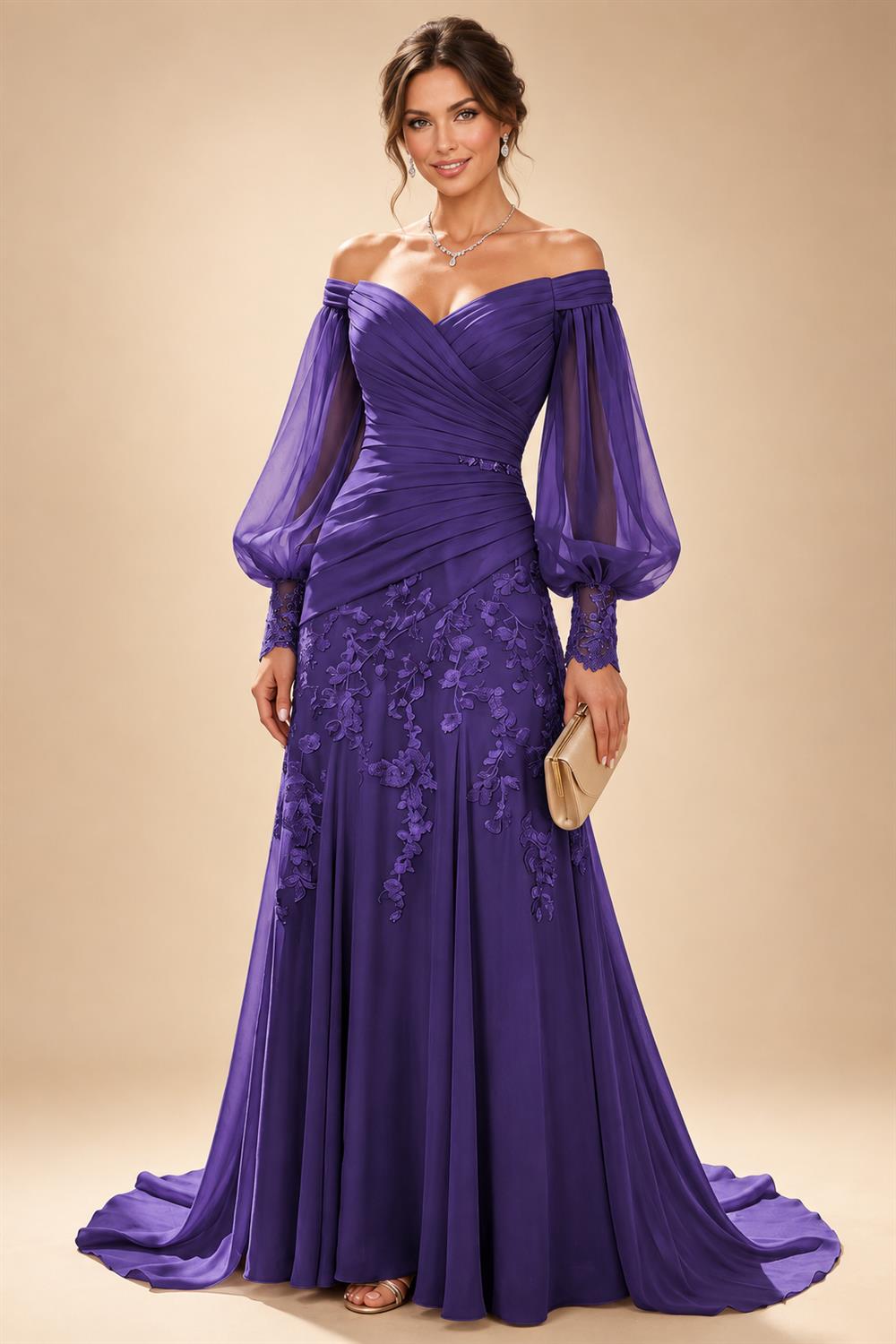 A-Line/Princess Off Shoulder Chiffon Floor-Length Mother of the Bride & Groom Dresses with Lace Appliques & Pleats (SHI22501566)