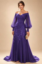 A-Line/Princess Off Shoulder Chiffon Floor-Length Mother of the Bride & Groom Dresses with Lace Appliques & Pleats (SHI22501566)