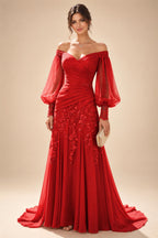 A-Line/Princess Off Shoulder Chiffon Floor-Length Mother of the Bride & Groom Dresses with Lace Appliques & Pleats (SHI22501566)