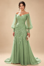 A-Line/Princess Off Shoulder Chiffon Floor-Length Mother of the Bride & Groom Dresses with Lace Appliques & Pleats (SHI22501566)