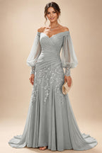 A-Line/Princess Off Shoulder Chiffon Floor-Length Mother of the Bride & Groom Dresses with Lace Appliques & Pleats (SHI22501566)