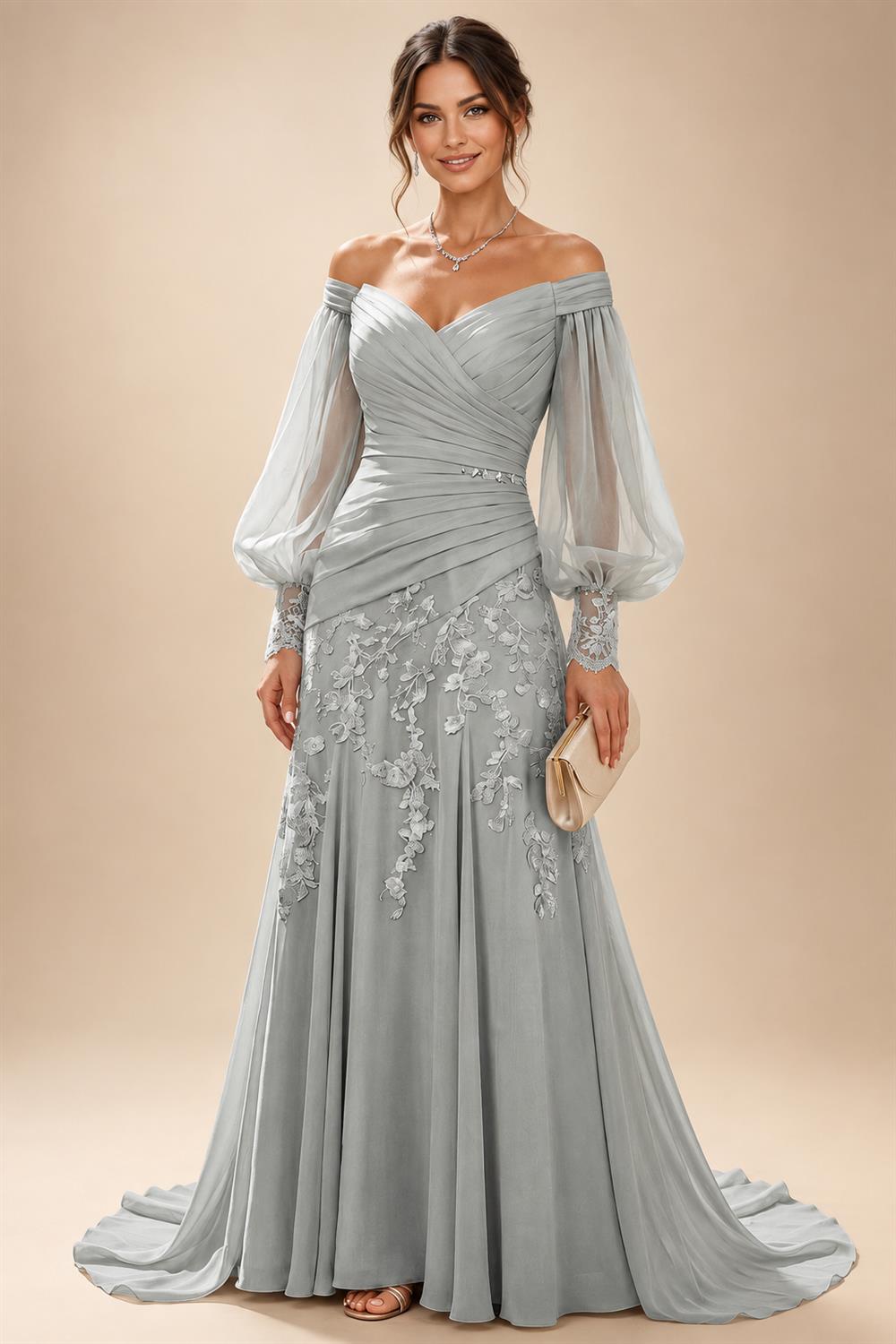A-Line/Princess Off Shoulder Chiffon Floor-Length Mother of the Bride & Groom Dresses with Lace Appliques & Pleats (SHI22501566)
