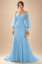 A-Line/Princess Off Shoulder Chiffon Floor-Length Mother of the Bride & Groom Dresses with Lace Appliques & Pleats (SHI22501566)