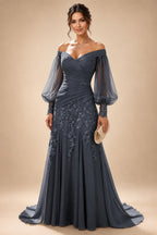 A-Line/Princess Off Shoulder Chiffon Floor-Length Mother of the Bride & Groom Dresses with Lace Appliques & Pleats (SHI22501566)