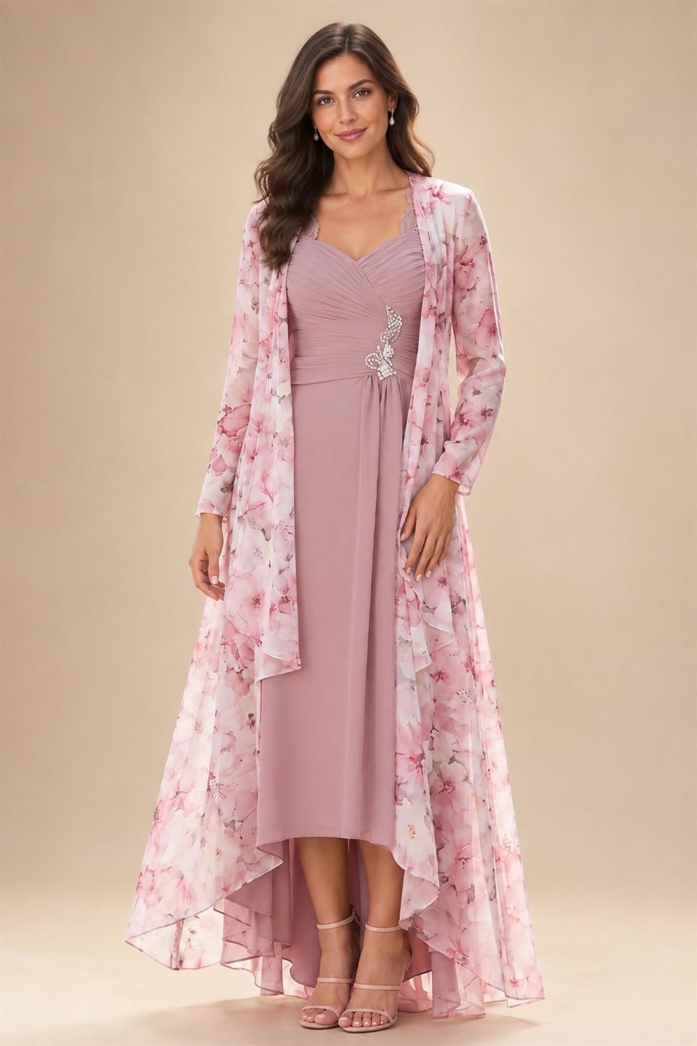 A-Line/Princess V-Neck Floral Print High-Low Mother of the Bride & Groom Dresses with Ruched Bodice (SHI22501569)