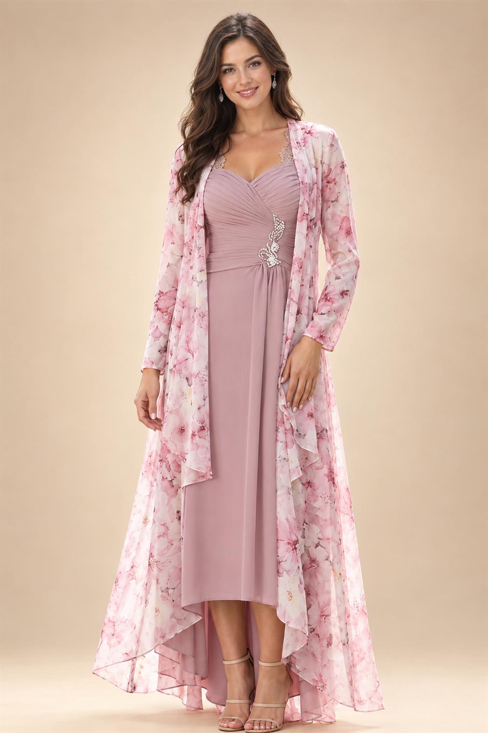 A-Line/Princess V-Neck Floral Print High-Low Mother of the Bride & Groom Dresses with Ruched Bodice (SHI22501569)