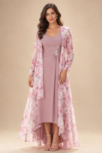 A-Line/Princess V-Neck Floral Print High-Low Mother of the Bride & Groom Dresses with Ruched Bodice (SHI22501569)