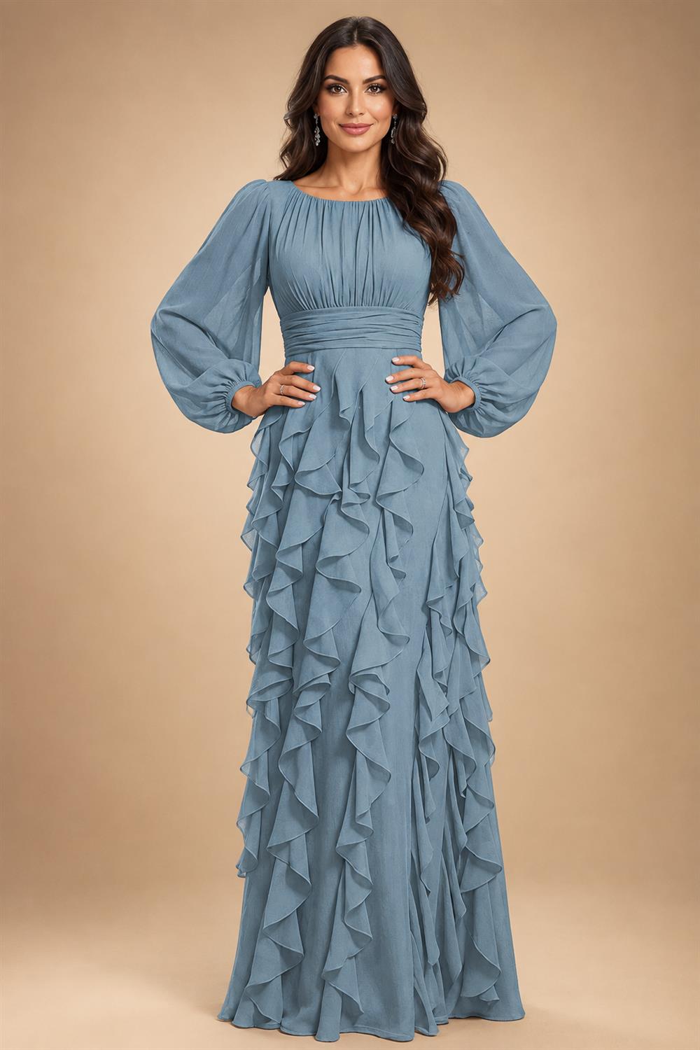A-Line/Princess Scoop Neck Chiffon Maxi Mother of the Bride & Groom Dresses with Ruffles (SHI22501599)