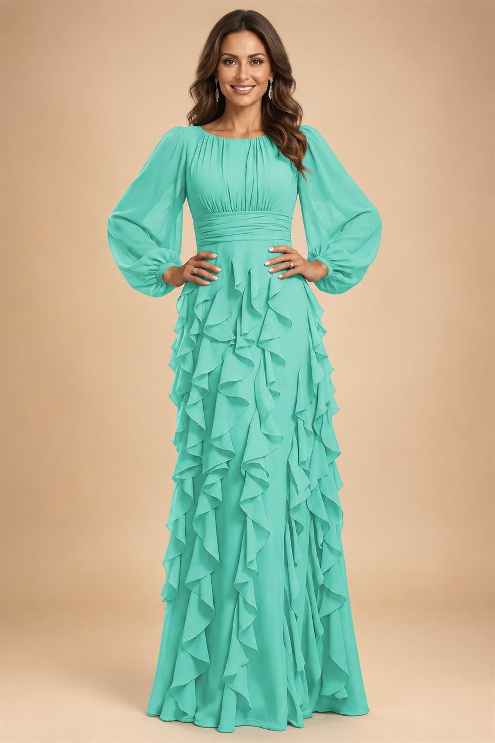 A-Line/Princess Scoop Neck Chiffon Maxi Mother of the Bride & Groom Dresses with Ruffles (SHI22501599)