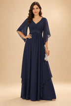 A-Line/Princess V-Neck Chiffon Floor-Length Mother of the Bride & Groom Dresses with Lace Appliques & Pleats (SHI22501605)