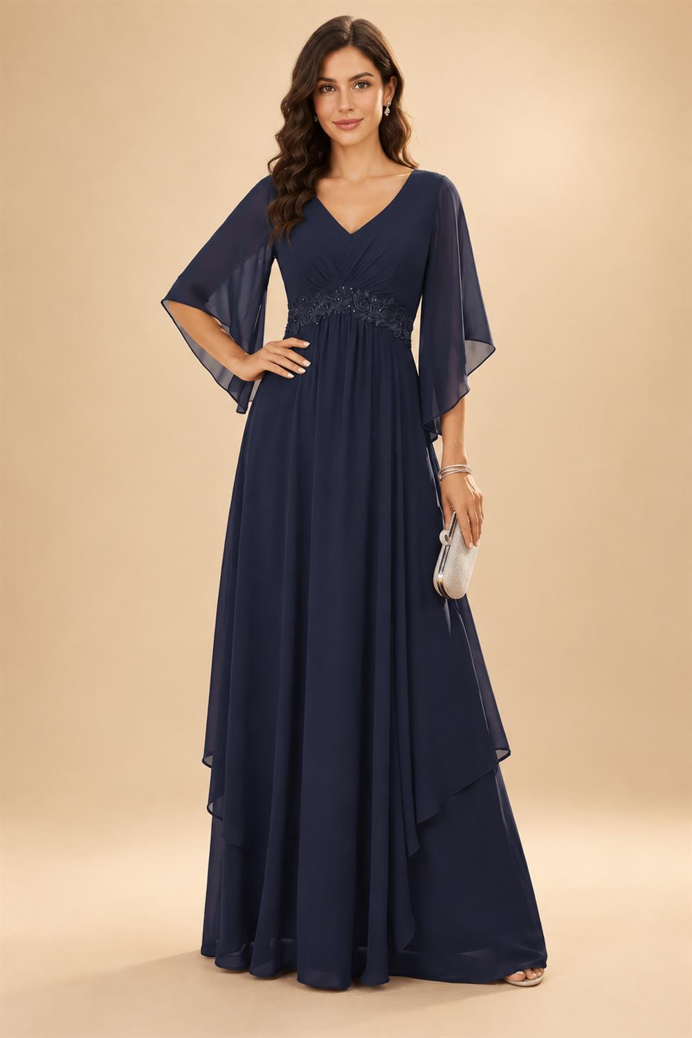 A-Line/Princess V-Neck Chiffon Floor-Length Mother of the Bride & Groom Dresses with Lace Appliques & Pleats (SHI22501605)