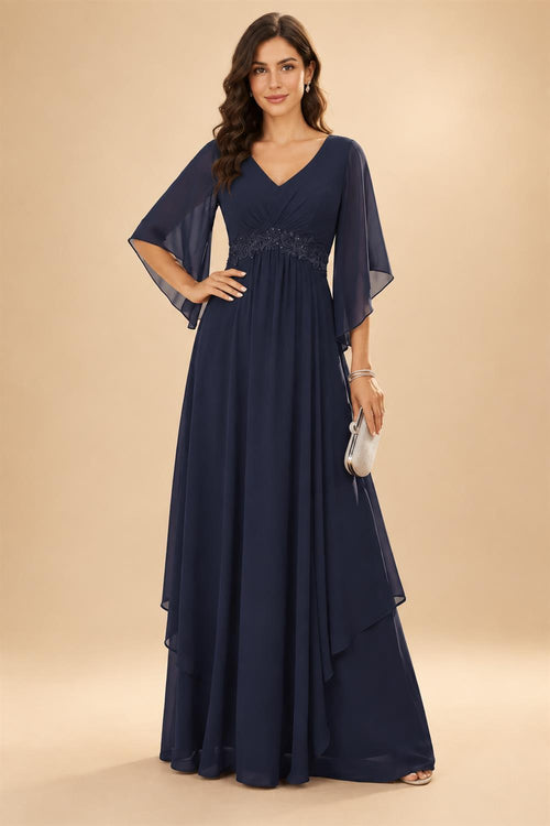 A-Line/Princess V-Neck Chiffon Floor-Length Mother of the Bride & Groom Dresses with Lace Appliques & Pleats (SHI22501605)