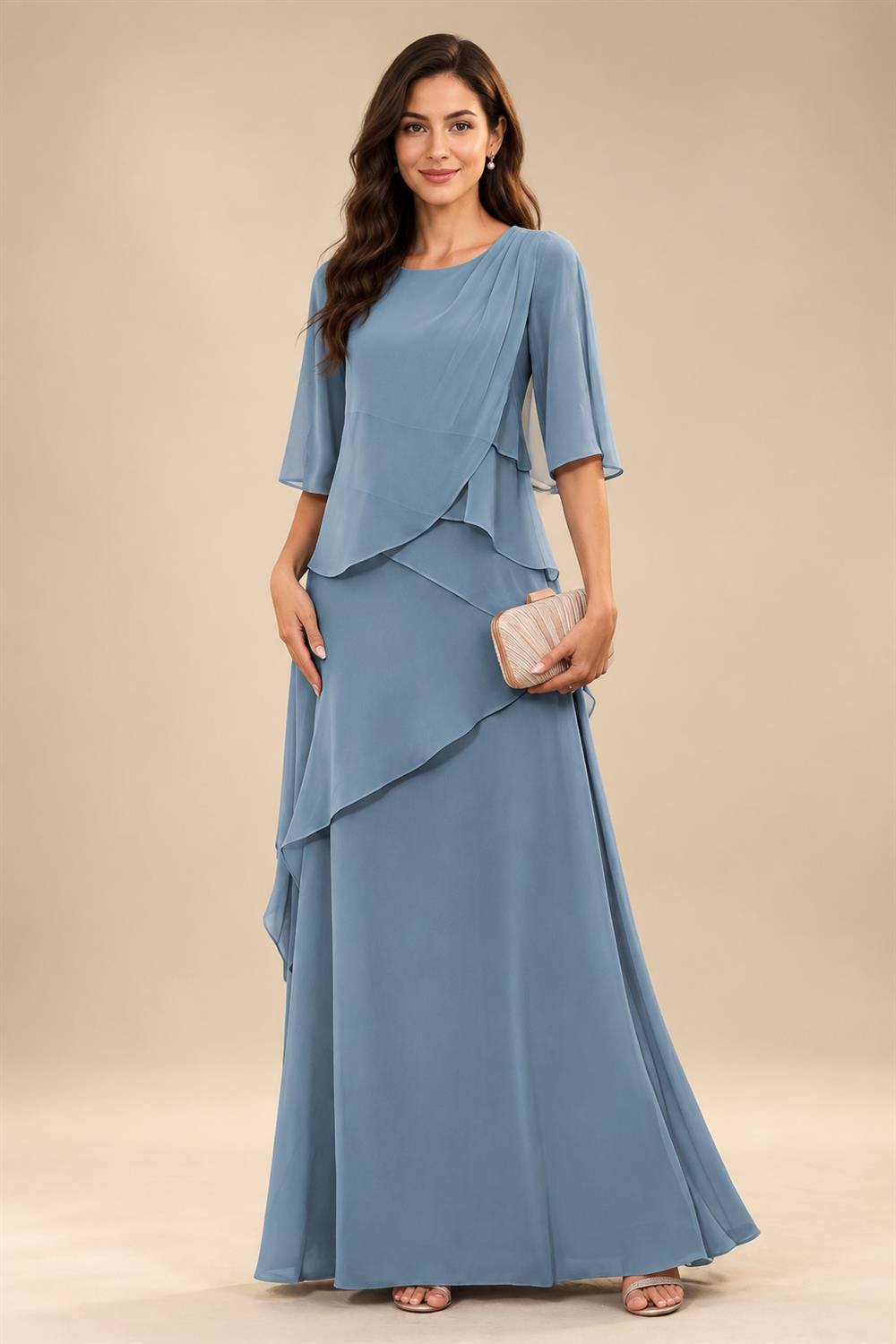 A-Line/Princess Scoop Neck Chiffon Floor-Length Mother of the Bride & Groom Dresses with Tiered Layers & Ruffles (SHI22501612)