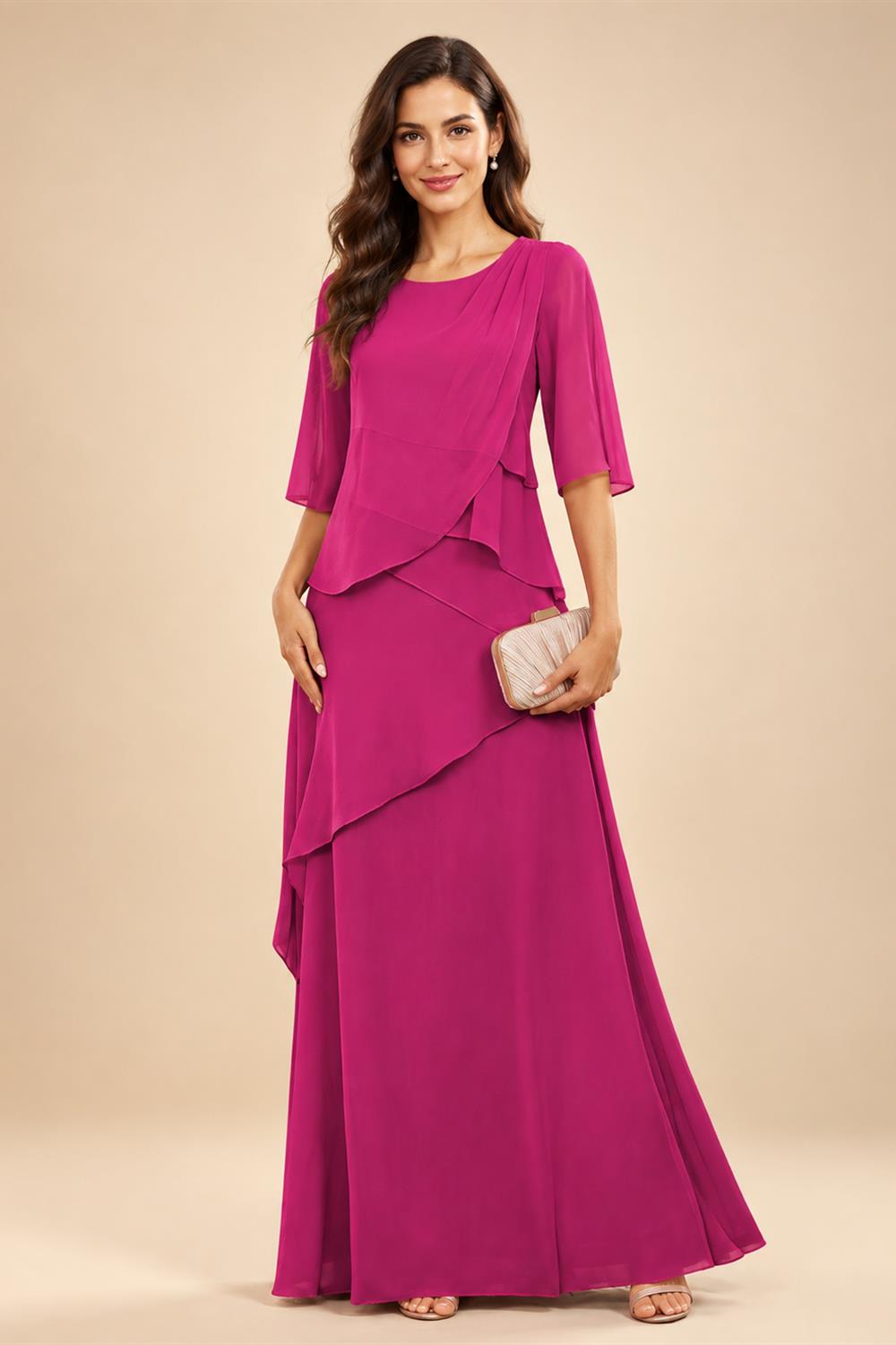 A-Line/Princess Scoop Neck Chiffon Floor-Length Mother of the Bride & Groom Dresses with Tiered Layers & Ruffles (SHI22501612)