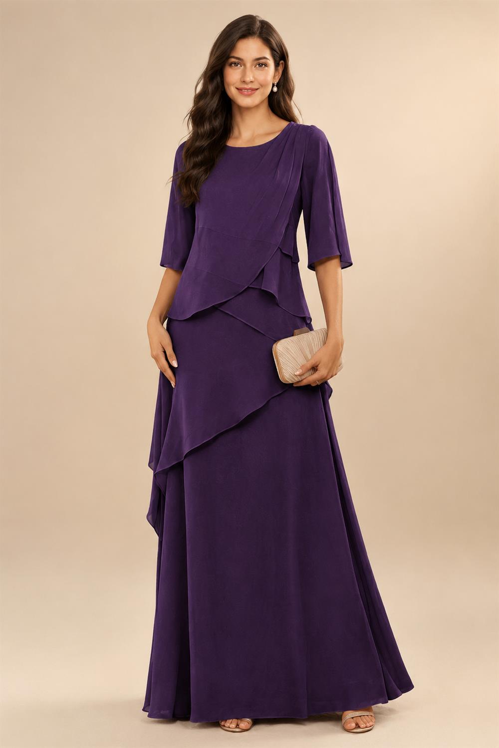 A-Line/Princess Scoop Neck Chiffon Floor-Length Mother of the Bride & Groom Dresses with Tiered Layers & Ruffles (SHI22501612)