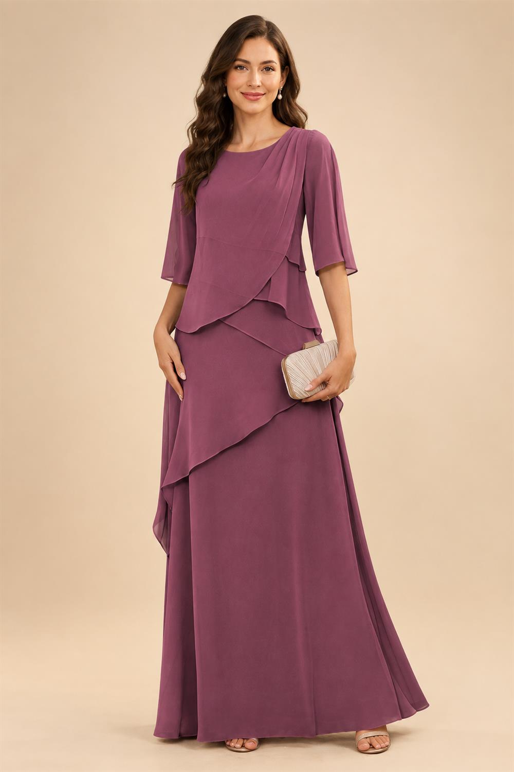 A-Line/Princess Scoop Neck Chiffon Floor-Length Mother of the Bride & Groom Dresses with Tiered Layers & Ruffles (SHI22501612)