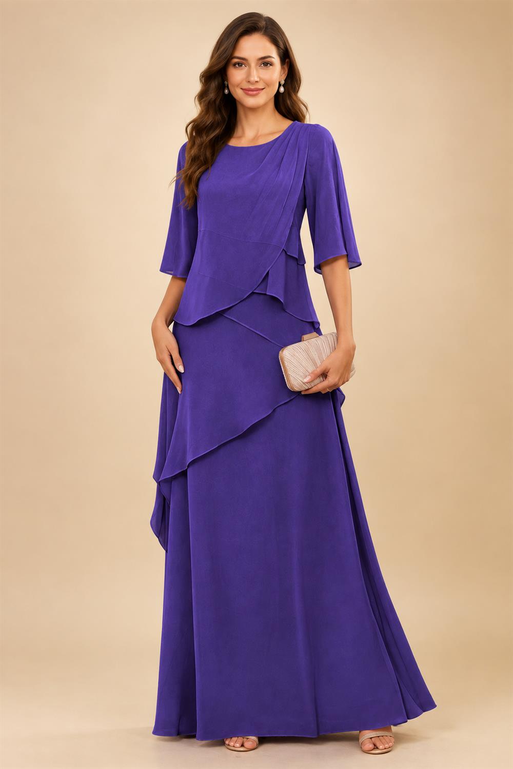 A-Line/Princess Scoop Neck Chiffon Floor-Length Mother of the Bride & Groom Dresses with Tiered Layers & Ruffles (SHI22501612)