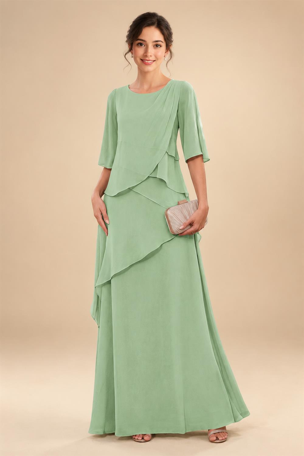A-Line/Princess Scoop Neck Chiffon Floor-Length Mother of the Bride & Groom Dresses with Tiered Layers & Ruffles (SHI22501612)