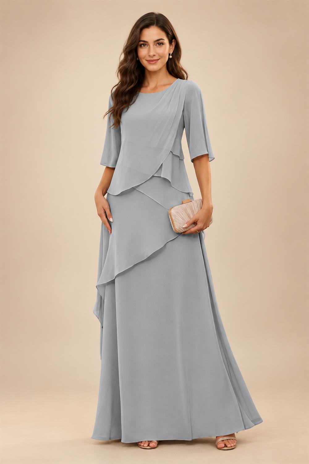 A-Line/Princess Scoop Neck Chiffon Floor-Length Mother of the Bride & Groom Dresses with Tiered Layers & Ruffles (SHI22501612)