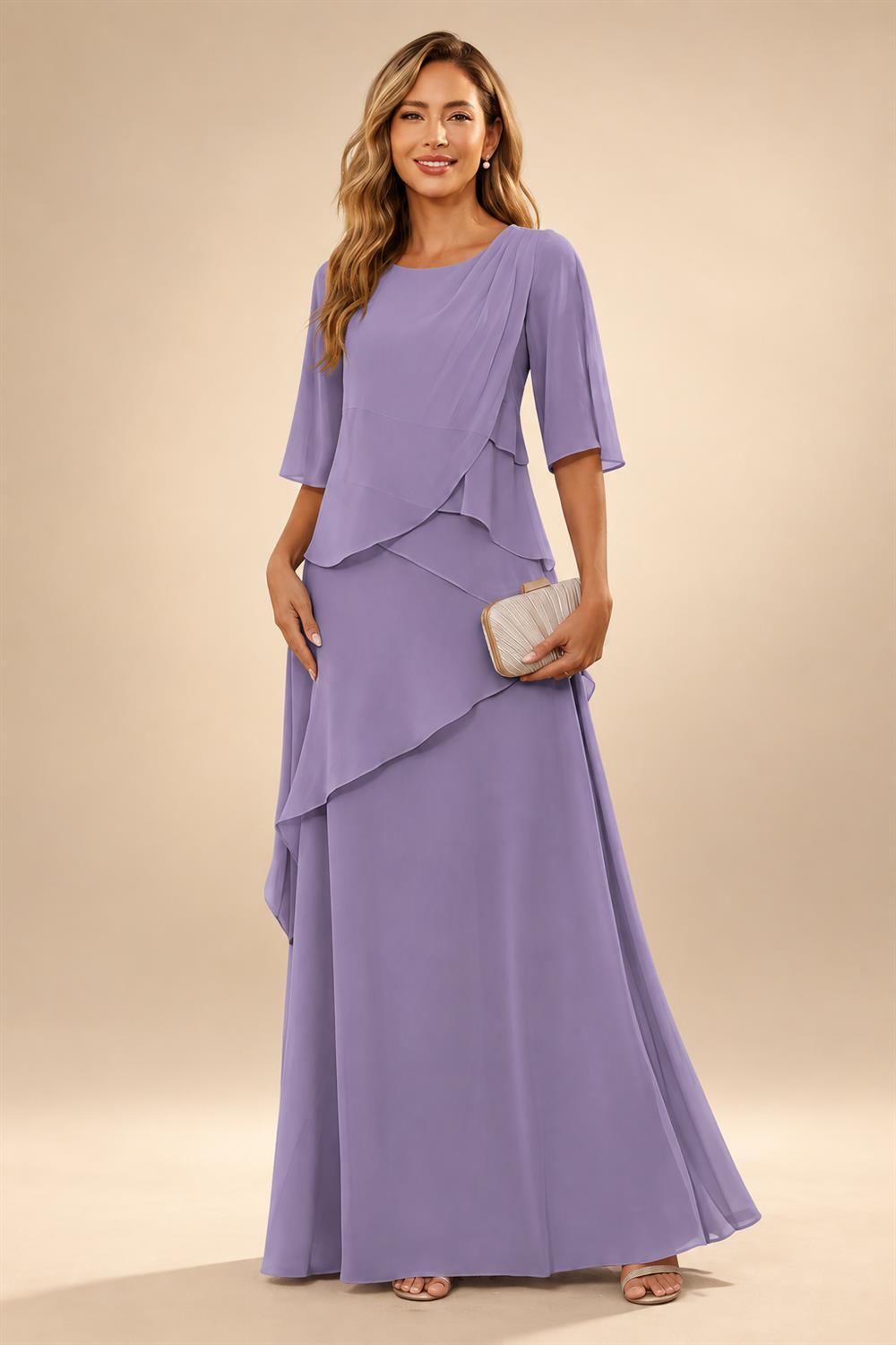 A-Line/Princess Scoop Neck Chiffon Floor-Length Mother of the Bride & Groom Dresses with Tiered Layers & Ruffles (SHI22501612)