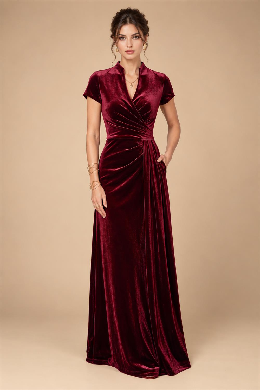 A-Line/Princess V-Neck Velvet Floor-Length Mother of the Bride & Groom Dresses with Ruched Waist (SHI22501614)