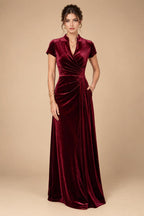 A-Line/Princess V-Neck Velvet Floor-Length Mother of the Bride & Groom Dresses with Ruched Waist (SHI22501614)