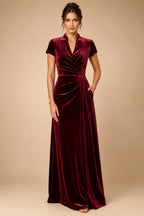 A-Line/Princess V-Neck Velvet Floor-Length Mother of the Bride & Groom Dresses with Ruched Waist (SHI22501614)